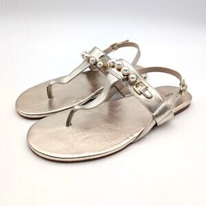 Stuart Weitzman Pearla T-Strap Slingback Sandals Women's Gold Size US7B EU37.5
